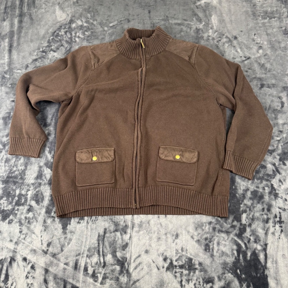 Chaps Full Zip Sweater Mens 3X Brown Faux Suede Patch Mock Neck Cardigan
